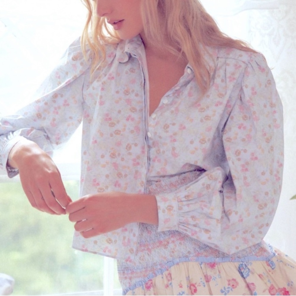 LoveShackFancy Sansom Floral Blouse Puff Sleeve Baby Blue Skies Boho Sz Medium